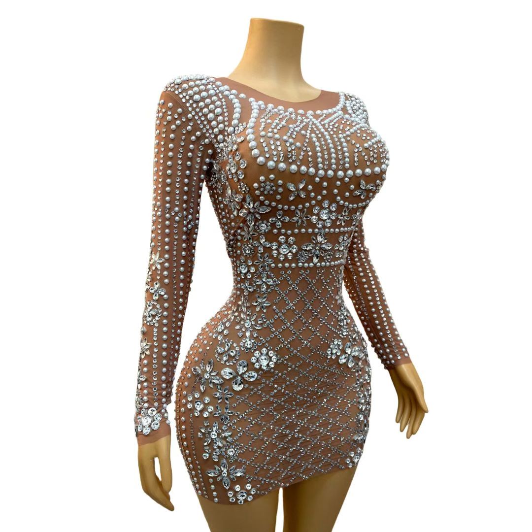 CELESINYI Wanggezhenzhu Crystal Pearl Lattice Mini Dress