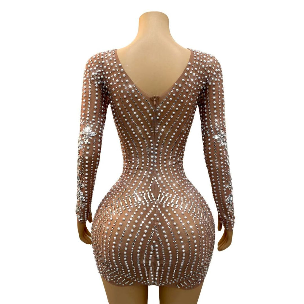 CELESINYI Wanggezhenzhu Crystal Pearl Lattice Mini Dress