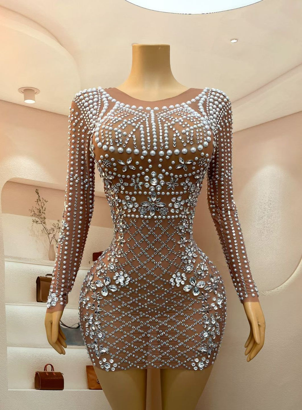 CELESINYI Wanggezhenzhu Crystal Pearl Lattice Mini Dress