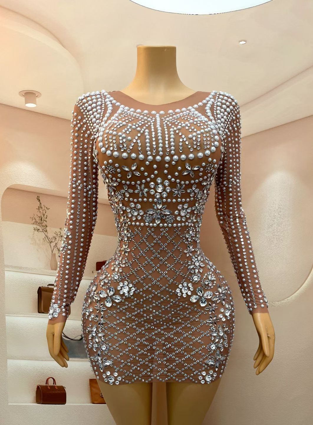 CELESINYI Wanggezhenzhu Crystal Pearl Lattice Mini Dress
