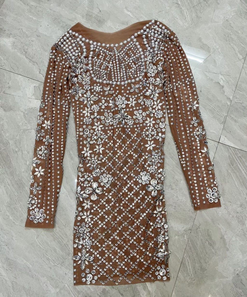 CELESINYI Wanggezhenzhu Crystal Pearl Lattice Mini Dress