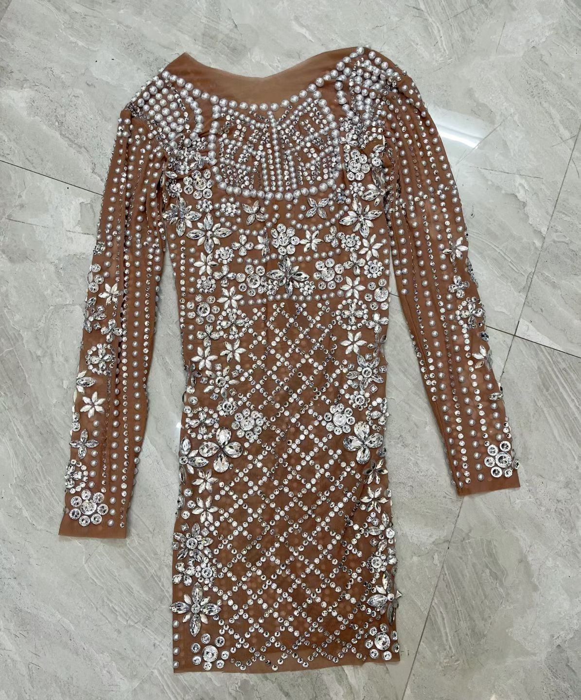 CELESINYI Wanggezhenzhu Crystal Pearl Lattice Mini Dress