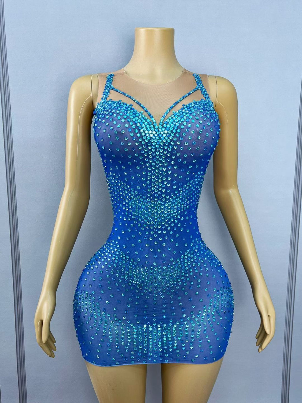 CELESINYI Qingshuiliu Crystal Blue Wave Mini Dress