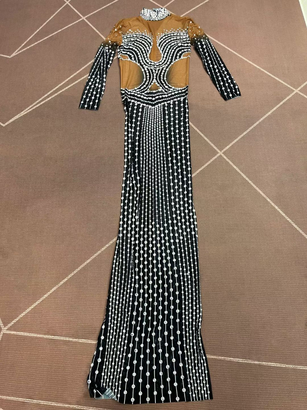 CELESINYI Kaochuan Crystal Pearl Strand Gown