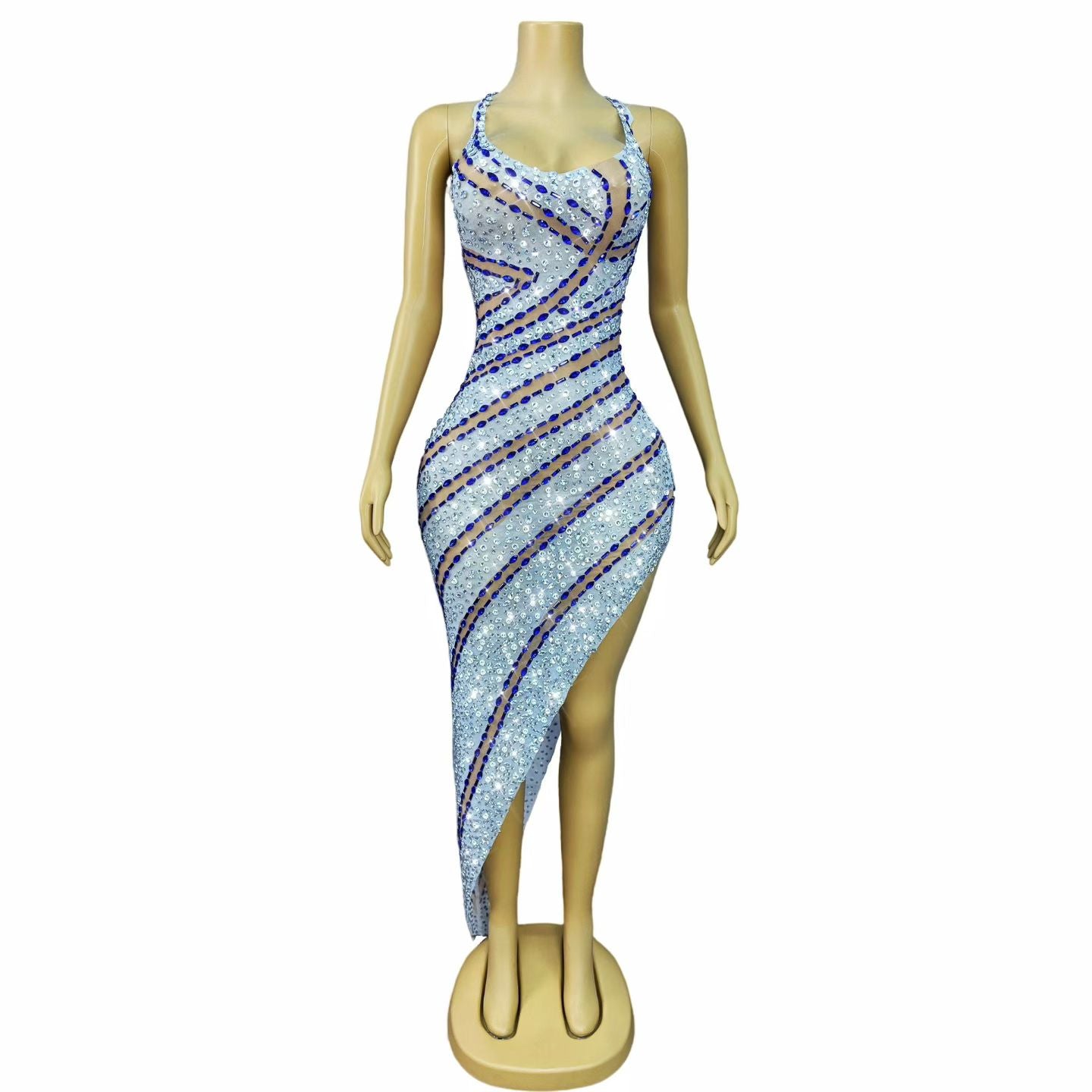 CELESINYI Landai Crystal Blue Band Asymmetric Gown