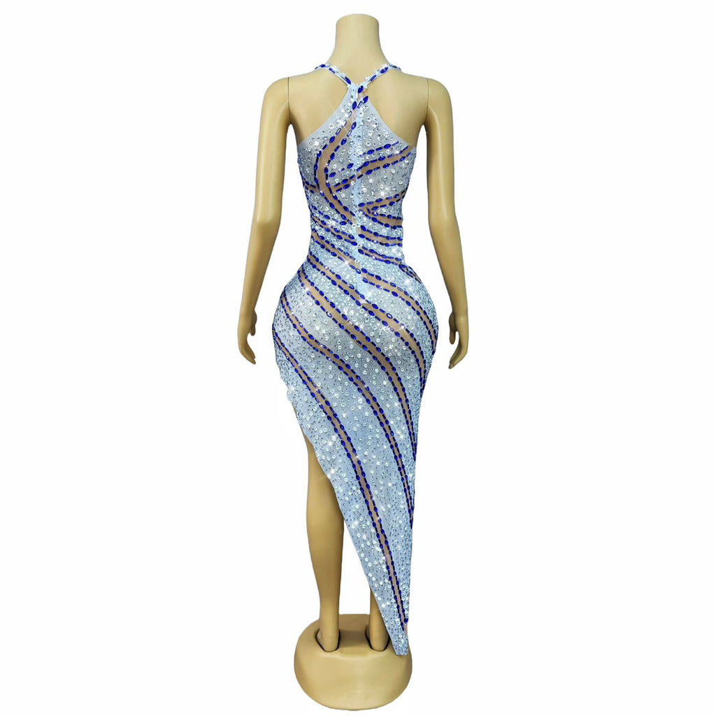 CELESINYI Landai Crystal Blue Band Asymmetric Gown