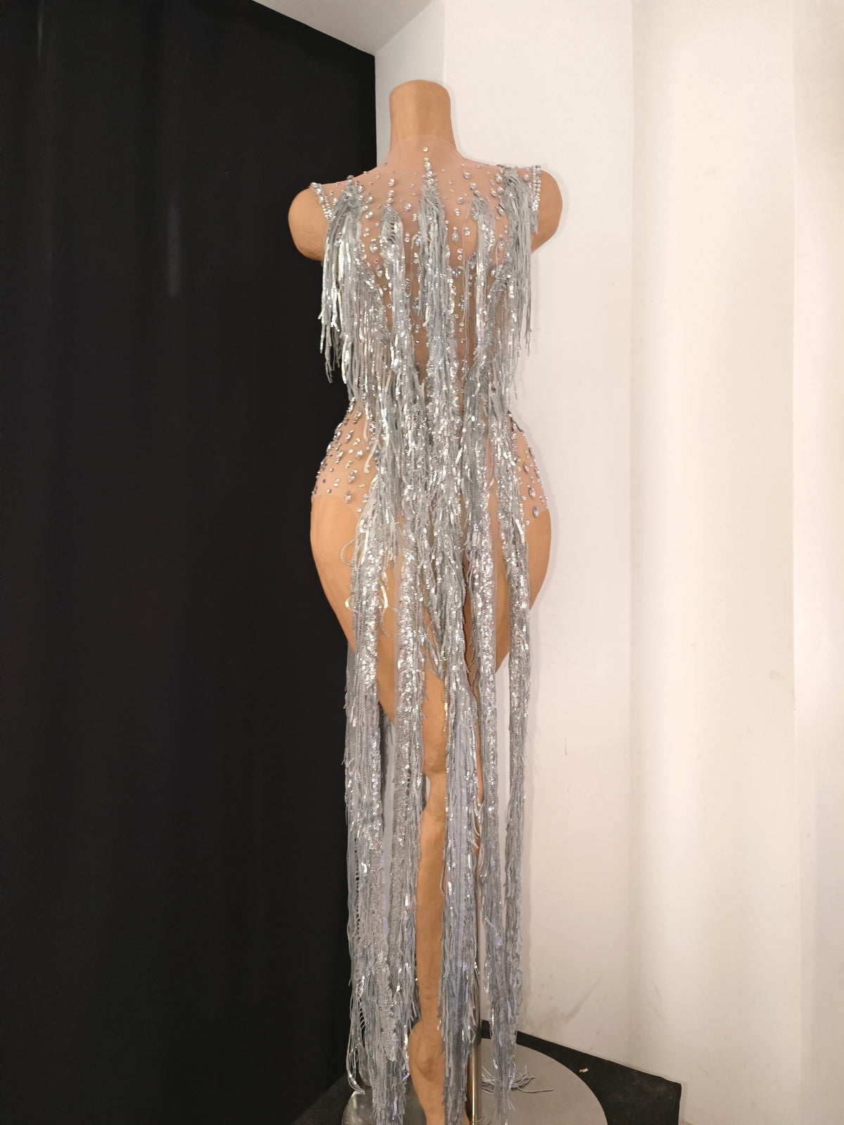 CELESINYI Pubu Crystal Waterfall Fringe Bodysuit