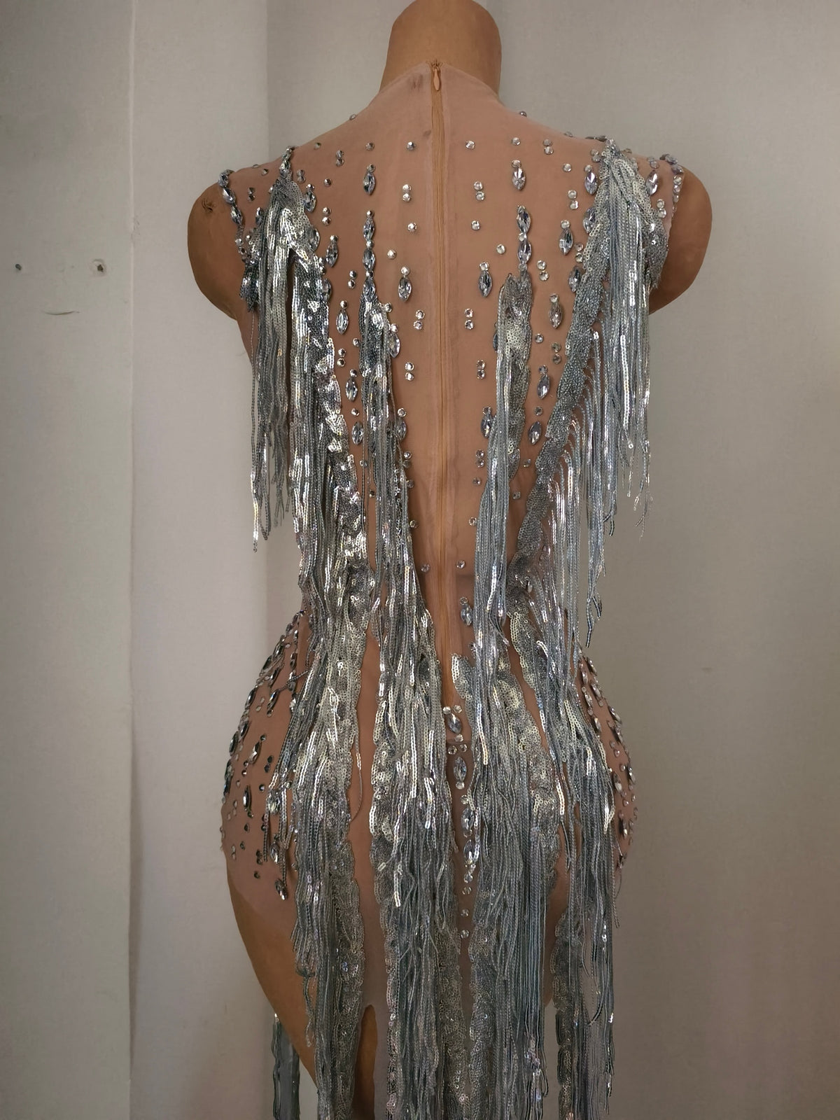 CELESINYI Pubu Crystal Waterfall Fringe Bodysuit