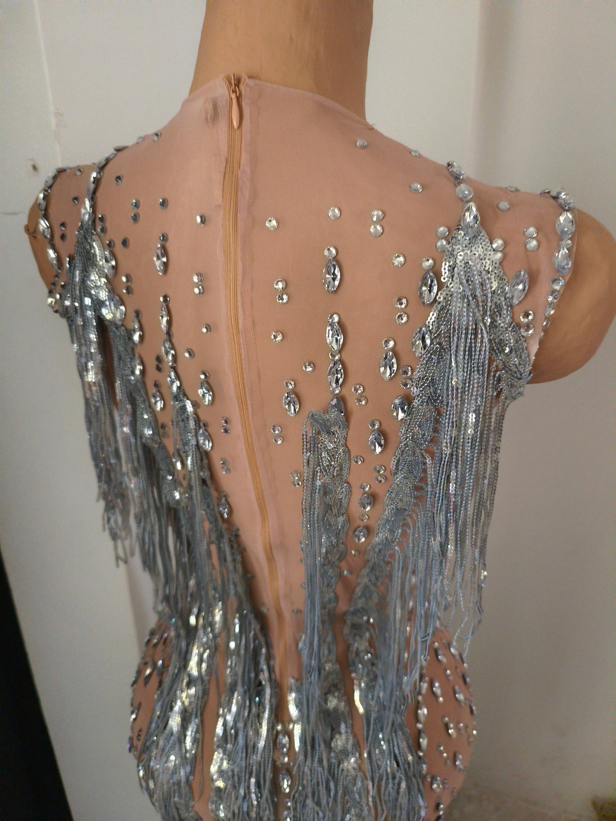 CELESINYI Pubu Crystal Waterfall Fringe Bodysuit