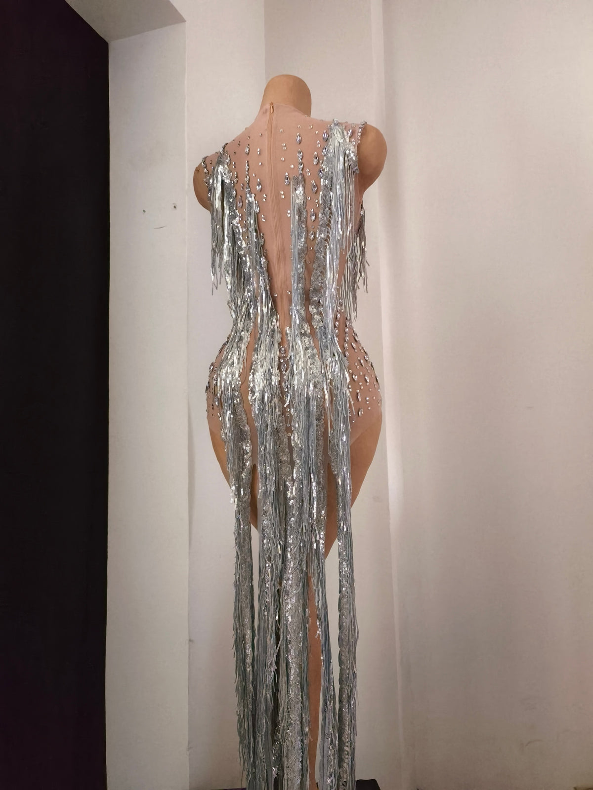 CELESINYI Pubu Crystal Waterfall Fringe Bodysuit