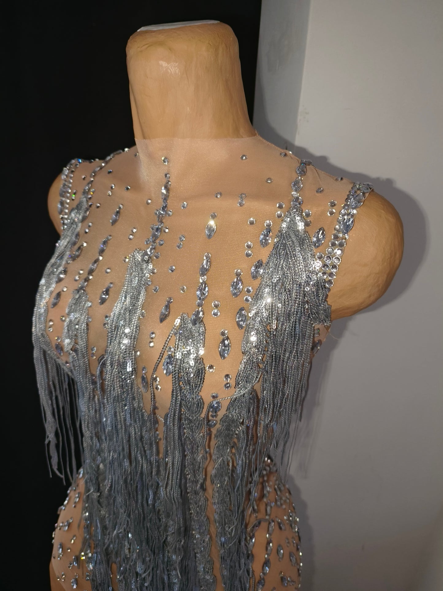 CELESINYI Pubu Crystal Waterfall Fringe Bodysuit