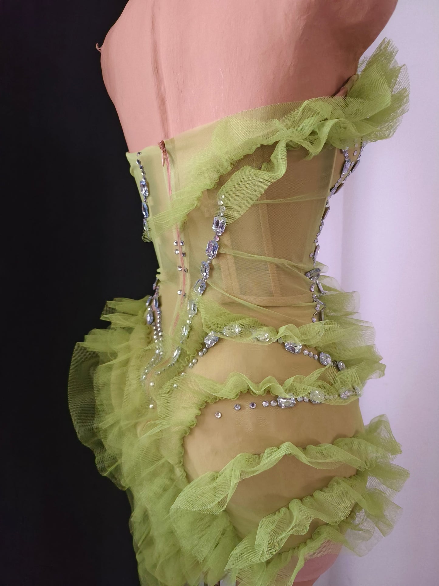 CELESINYI Shuizao Crystal Lime Ruffle Mini Dress