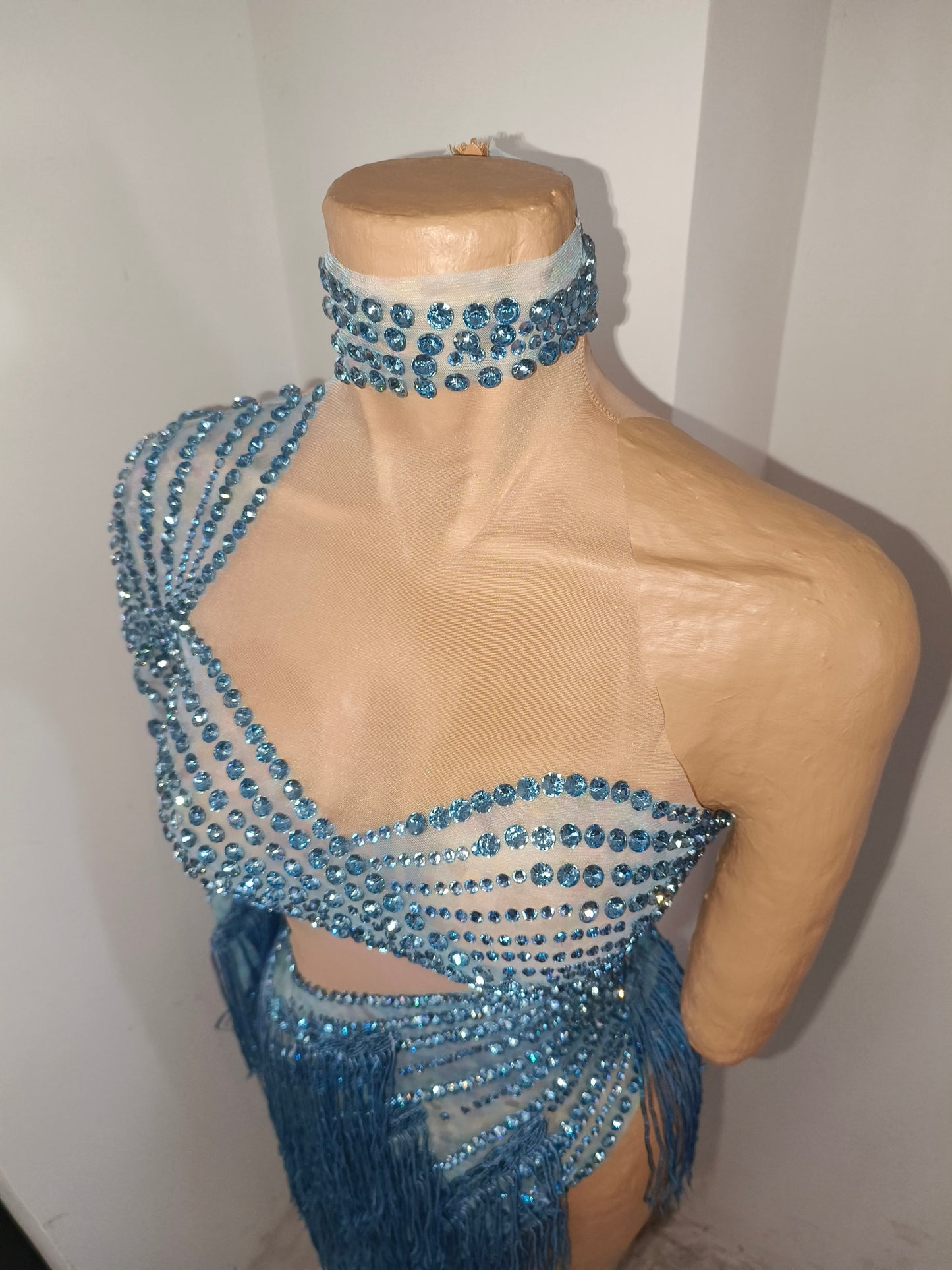 CELESINYI Qingche Crystal Ice Blue Fringe Mini Dress