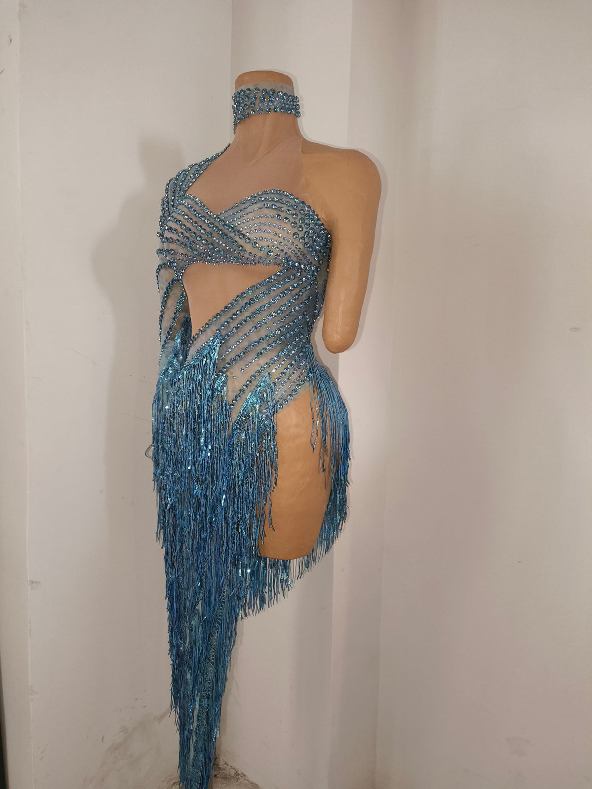 CELESINYI Qingche Crystal Ice Blue Fringe Mini Dress