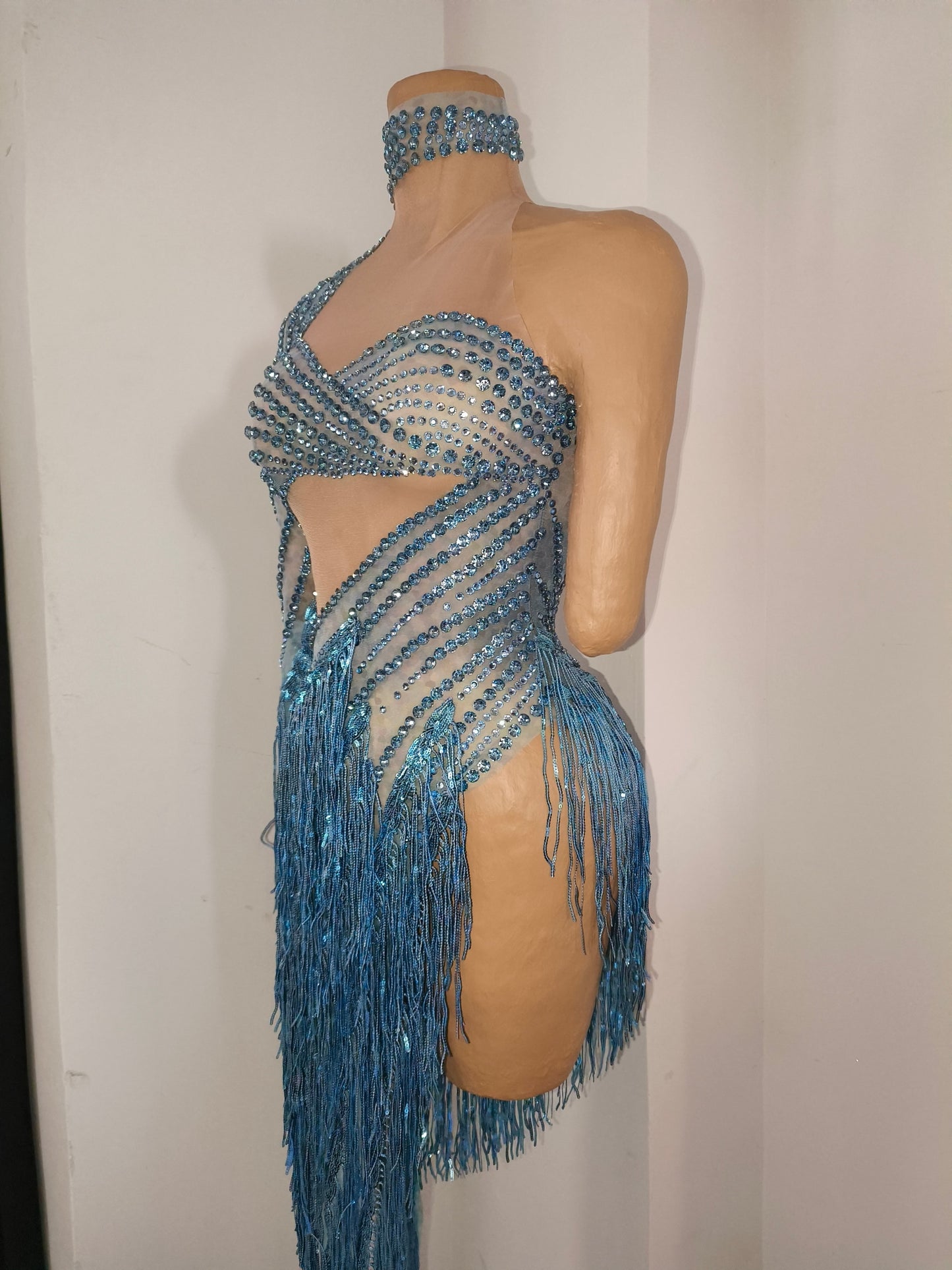 CELESINYI Qingche Crystal Ice Blue Fringe Mini Dress