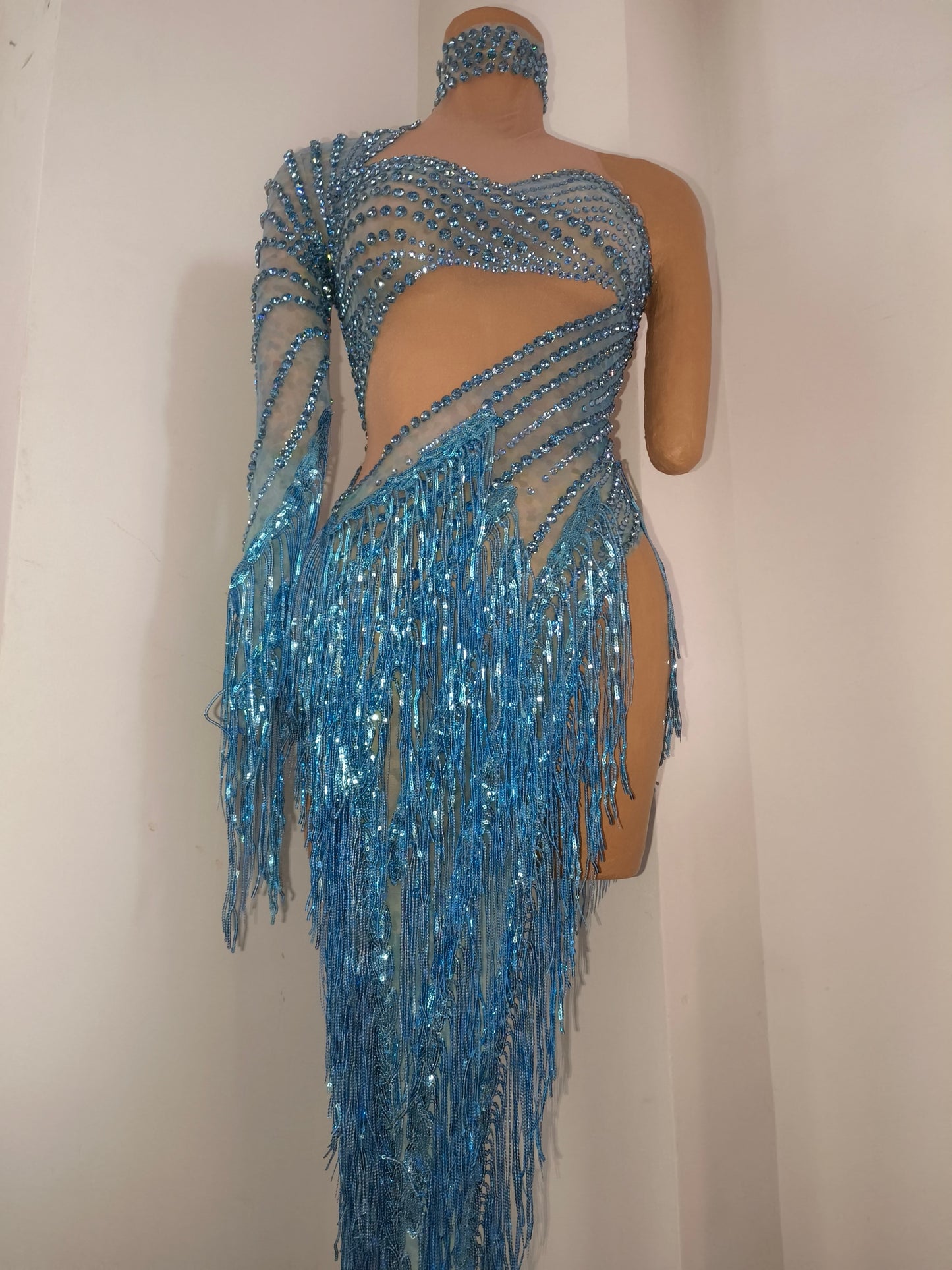 CELESINYI Qingche Crystal Ice Blue Fringe Mini Dress