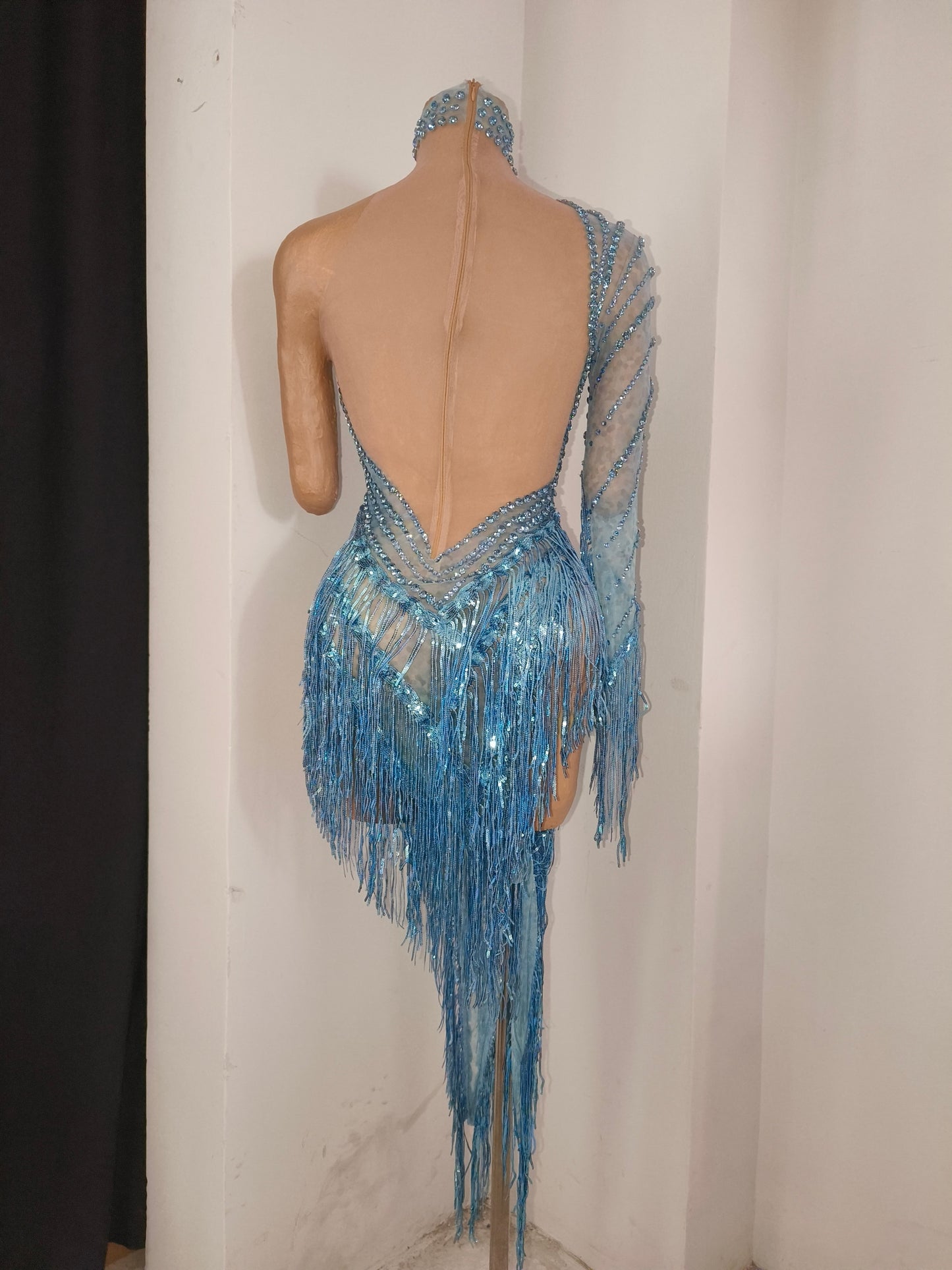 CELESINYI Qingche Crystal Ice Blue Fringe Mini Dress
