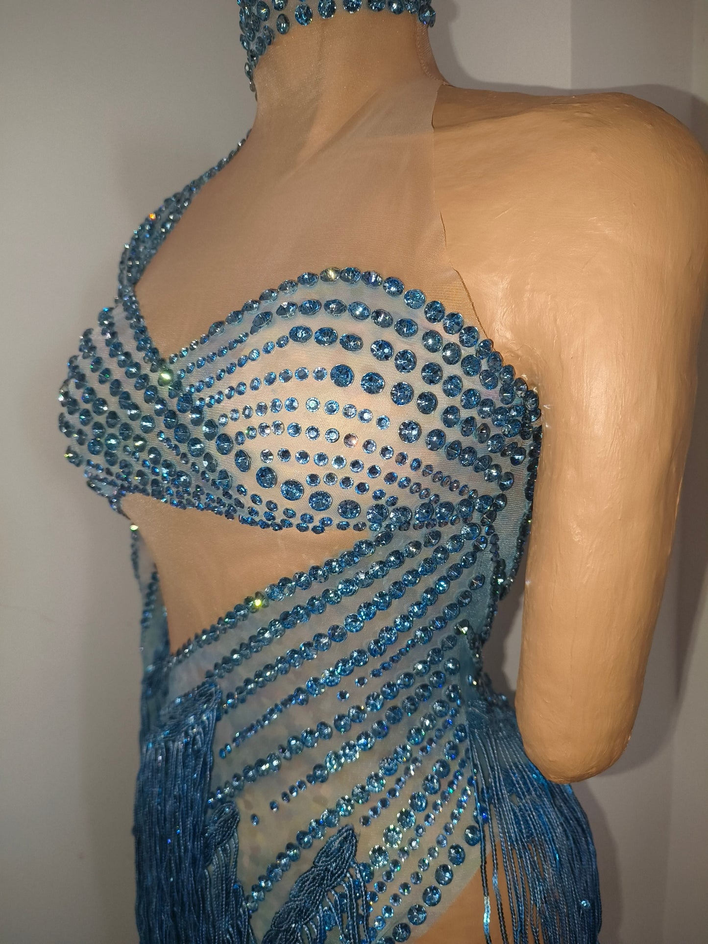 CELESINYI Qingche Crystal Ice Blue Fringe Mini Dress