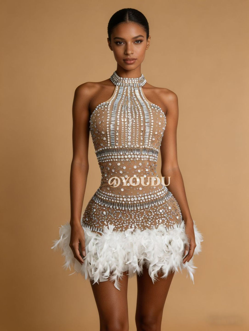 CELESINYI Baimaoxian Crystal White Feather Mini Dress