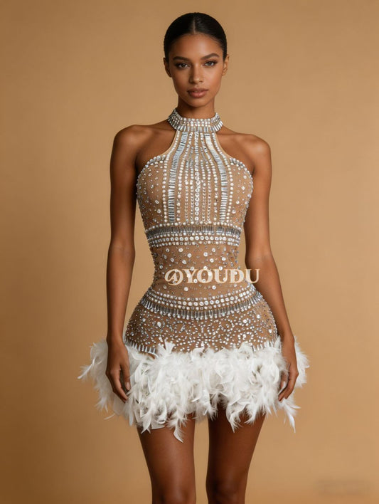 CELESINYI Baimaoxian Crystal White Feather Mini Dress