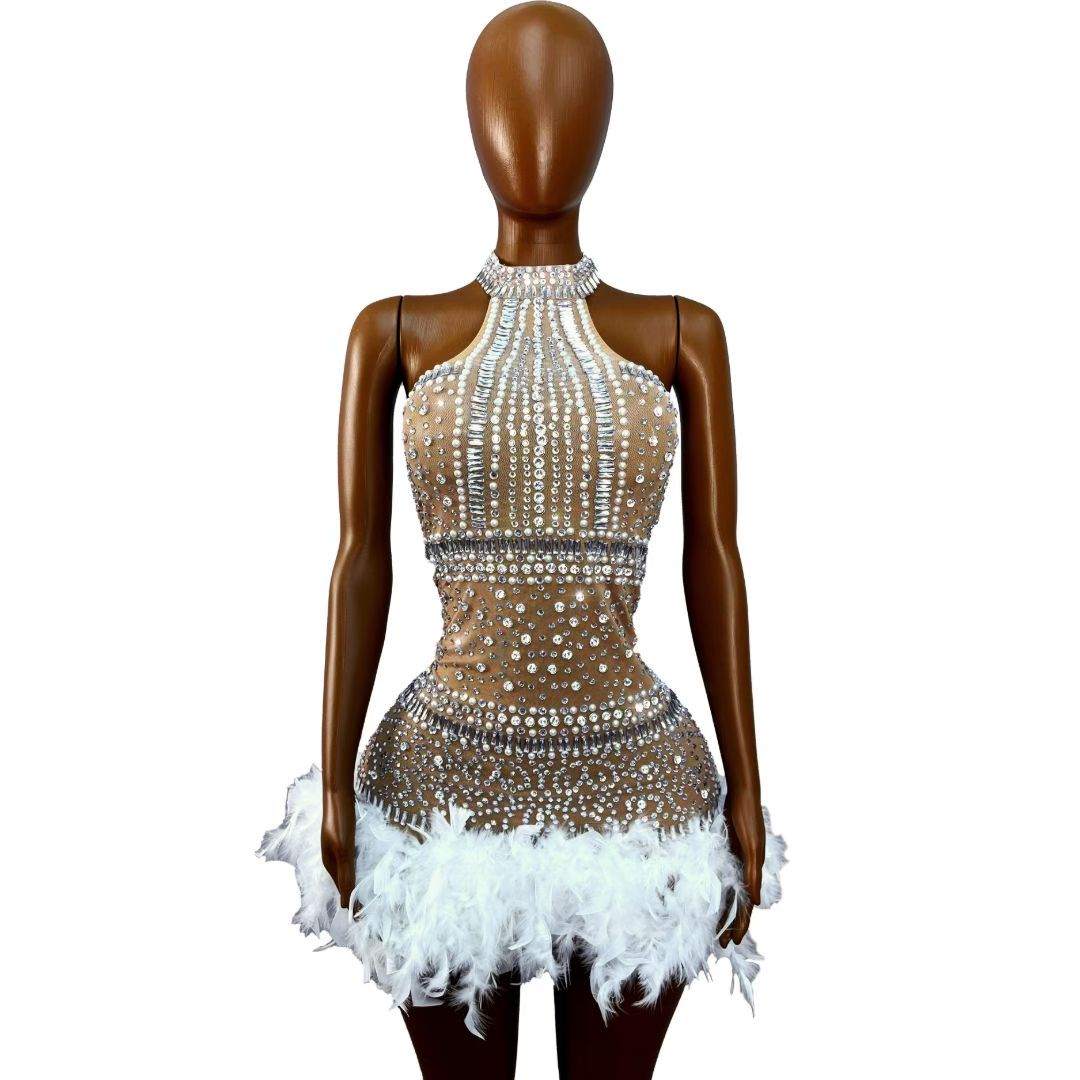 CELESINYI Baimaoxian Crystal White Feather Mini Dress