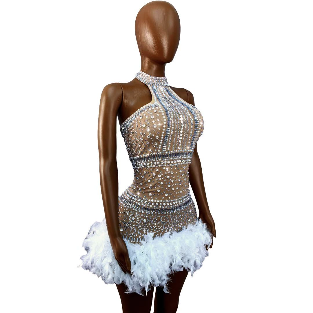 CELESINYI Baimaoxian Crystal White Feather Mini Dress