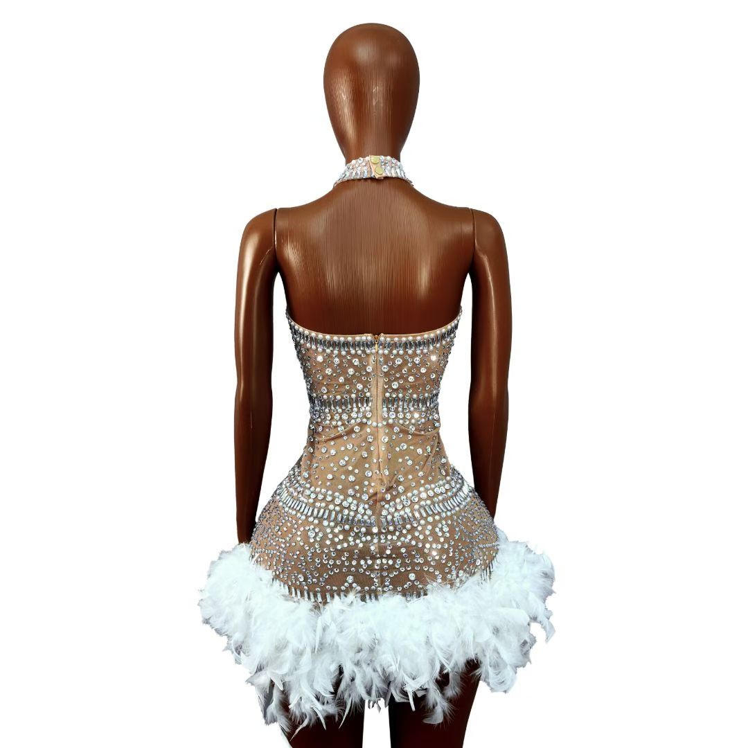 CELESINYI Baimaoxian Crystal White Feather Mini Dress
