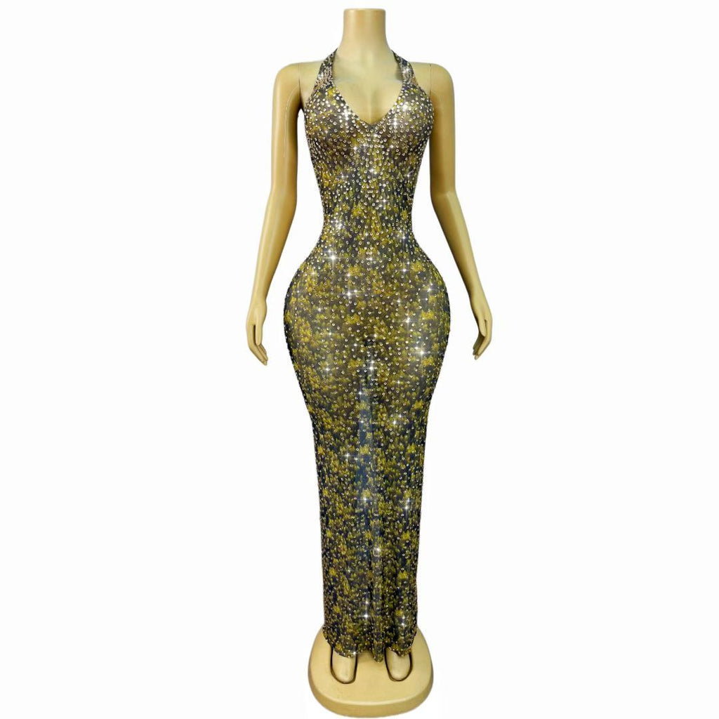 CELESINYI Baihualin Crystal Amber Halter Gown
