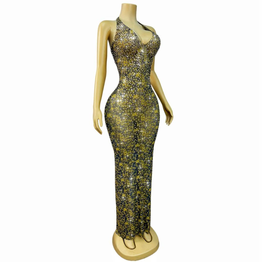 CELESINYI Baihualin Crystal Amber Halter Gown