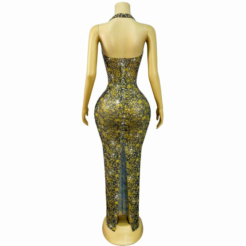 CELESINYI Baihualin Crystal Amber Halter Gown