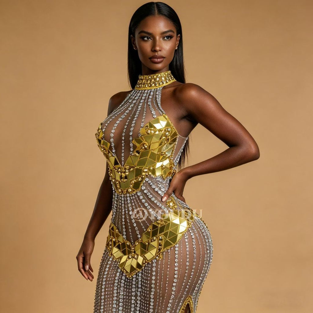 CELESINYI Qianhuangpian Crystal Gold Mirror Dress