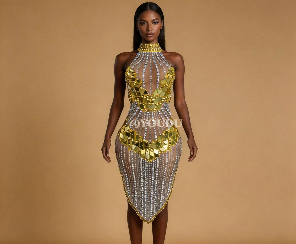 CELESINYI Qianhuangpian Crystal Gold Mirror Dress