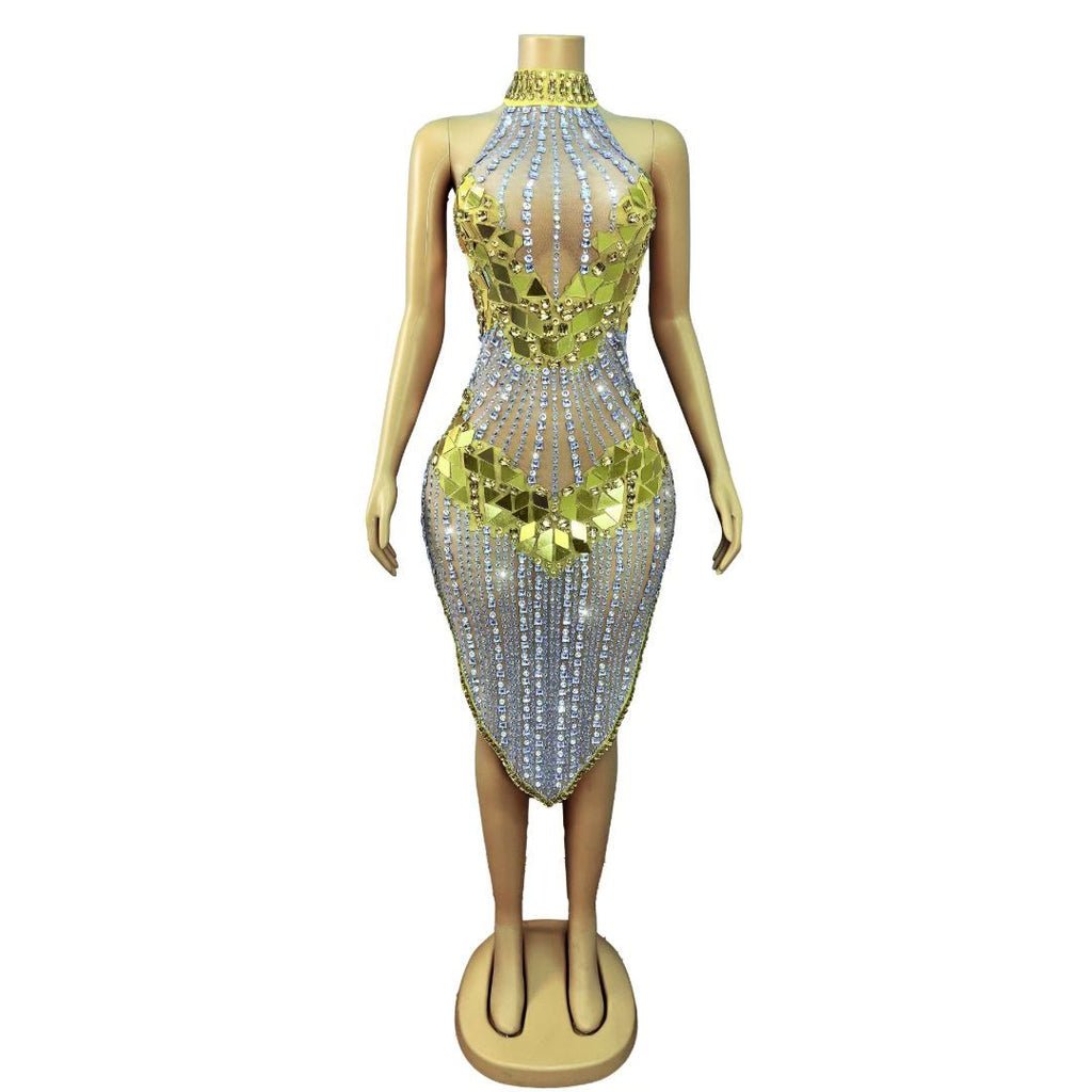 CELESINYI Qianhuangpian Crystal Gold Mirror Dress