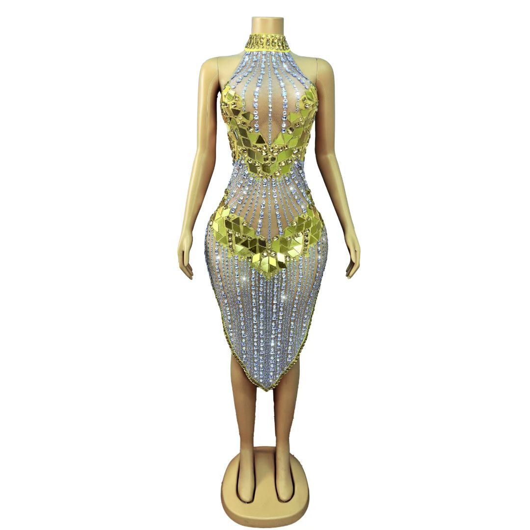 CELESINYI Qianhuangpian Crystal Gold Mirror Dress