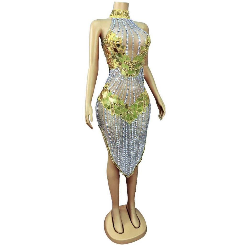 CELESINYI Qianhuangpian Crystal Gold Mirror Dress
