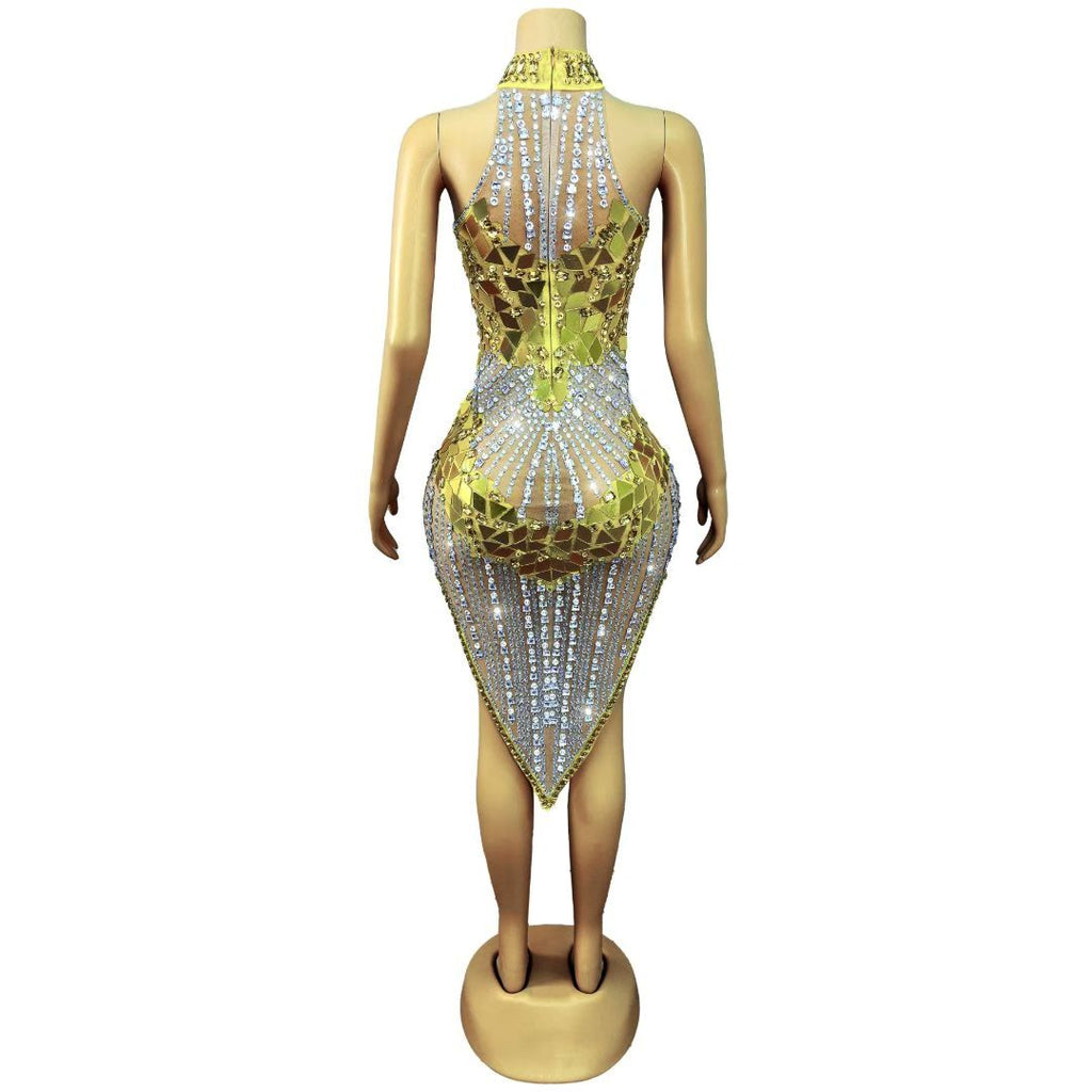 CELESINYI Qianhuangpian Crystal Gold Mirror Dress