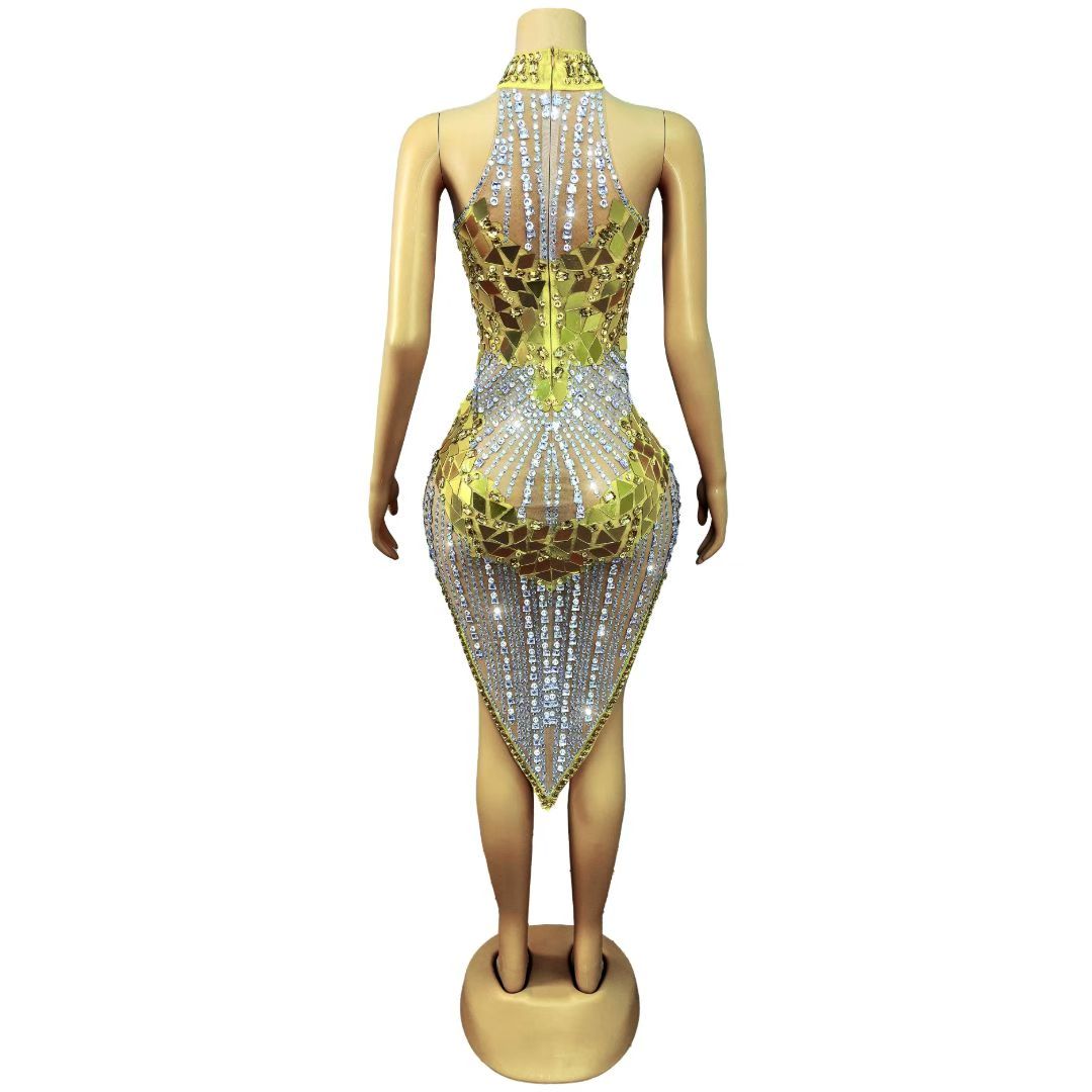 CELESINYI Qianhuangpian Crystal Gold Mirror Dress