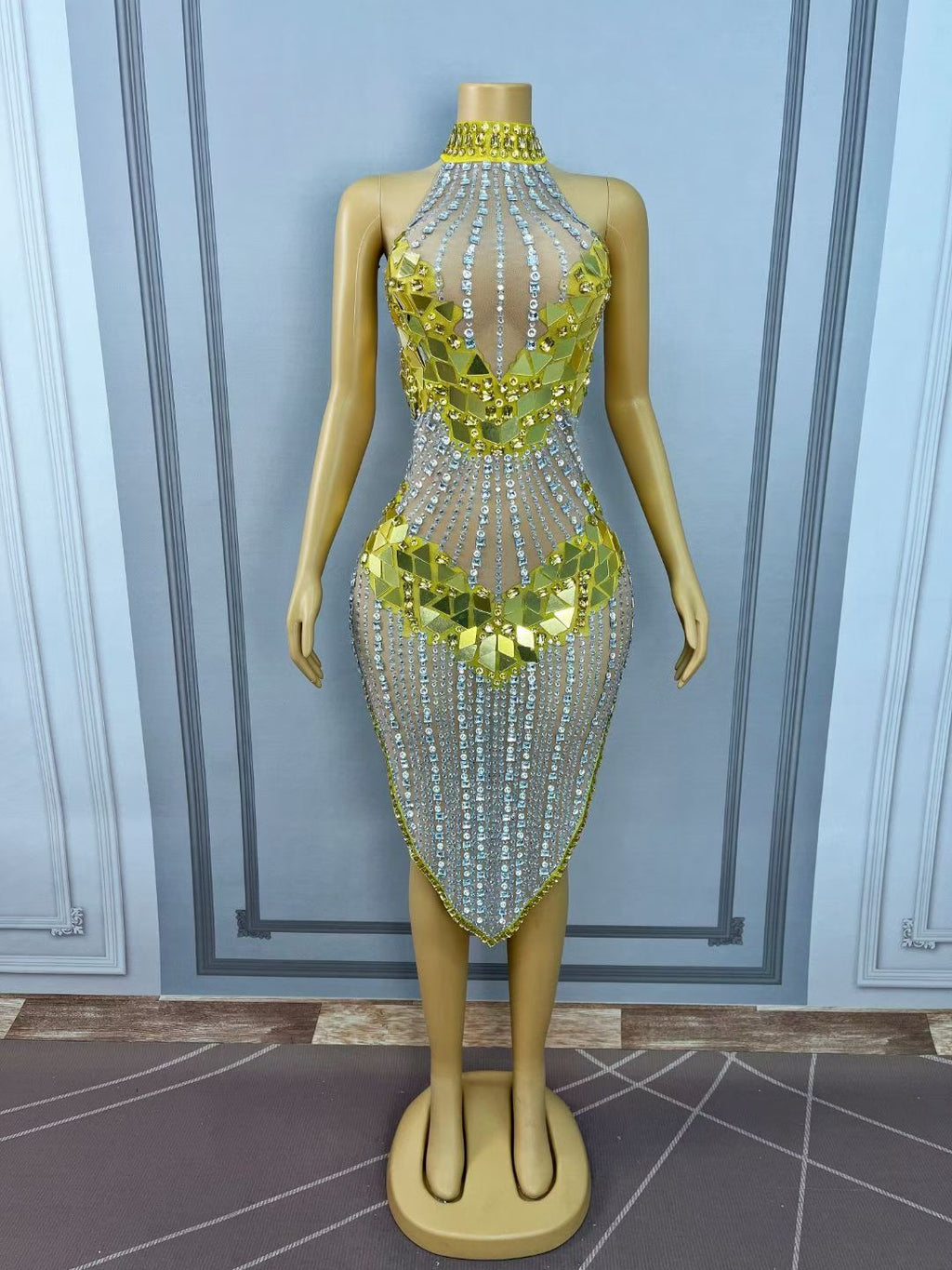 CELESINYI Qianhuangpian Crystal Gold Mirror Dress