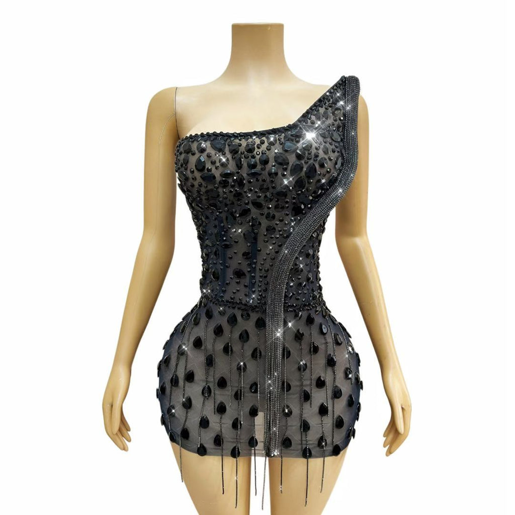 CELESINYI Shedanqun Crystal Black Pearl Fringe Mini Dress