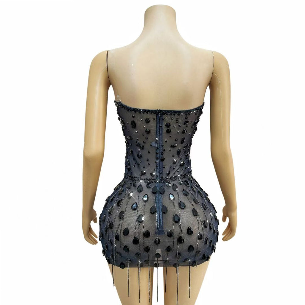 CELESINYI Shedanqun Crystal Black Pearl Fringe Mini Dress