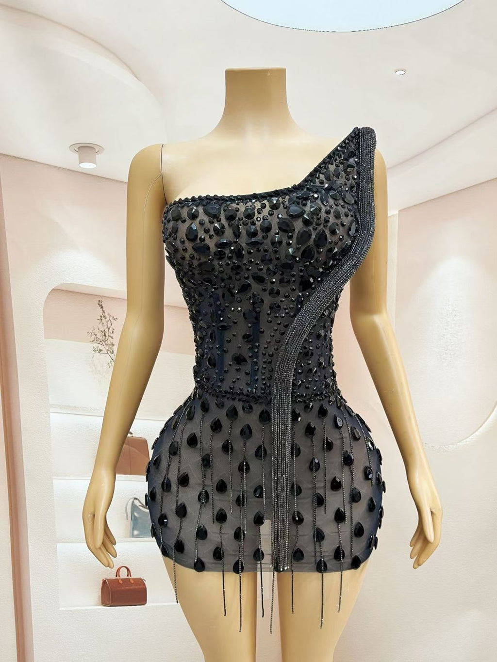 CELESINYI Shedanqun Crystal Black Pearl Fringe Mini Dress