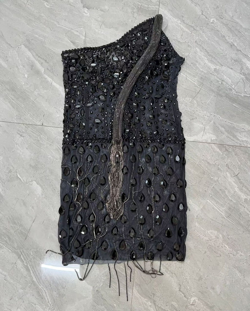 CELESINYI Shedanqun Crystal Black Pearl Fringe Mini Dress