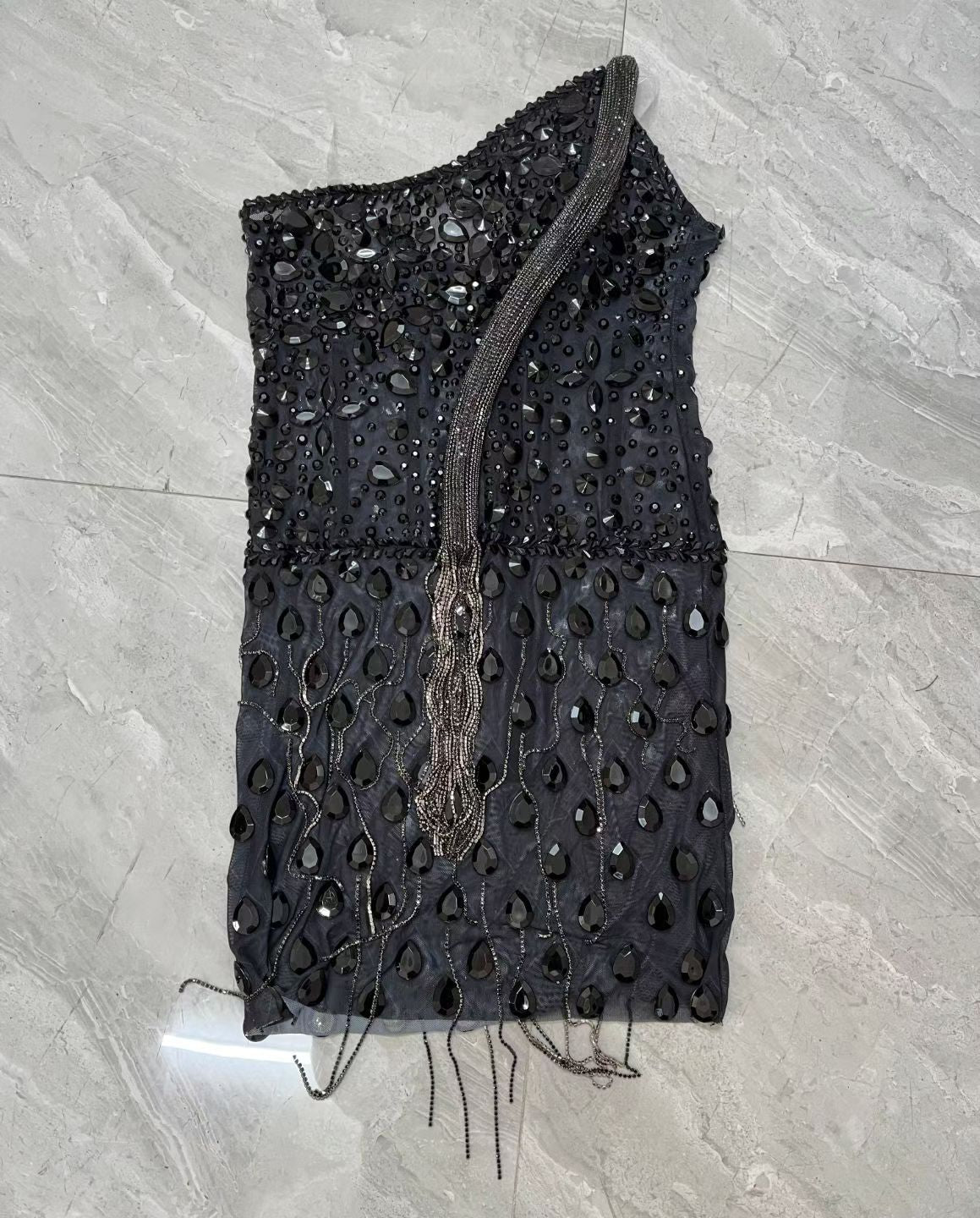 CELESINYI Shedanqun Crystal Black Pearl Fringe Mini Dress