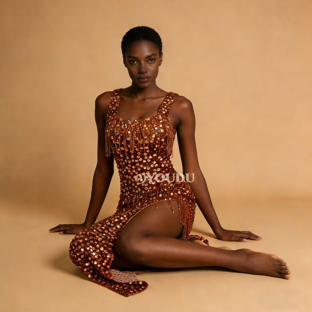 CELESINYI Ganju Crystal Orange Beaded Gown