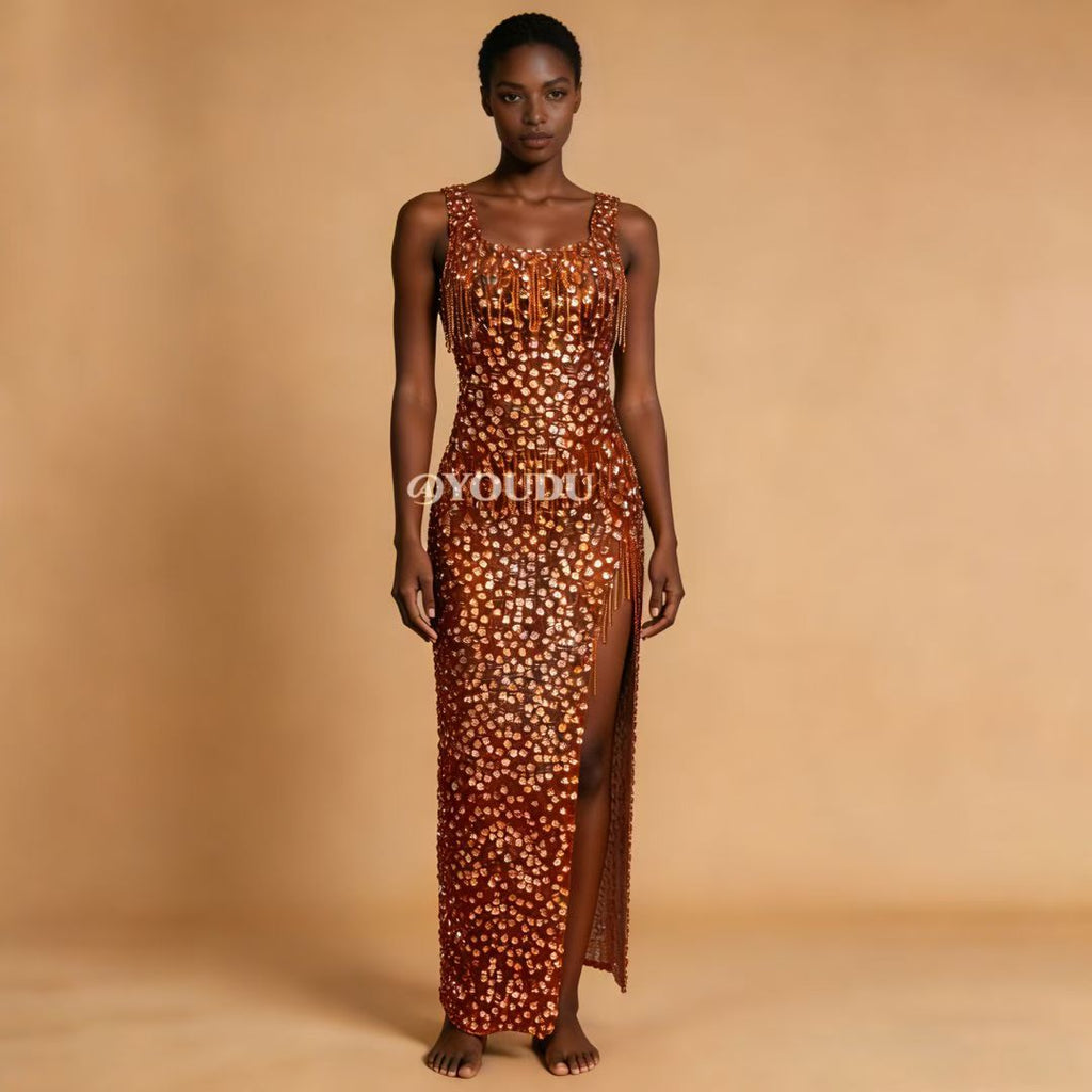 CELESINYI Ganju Crystal Orange Beaded Gown
