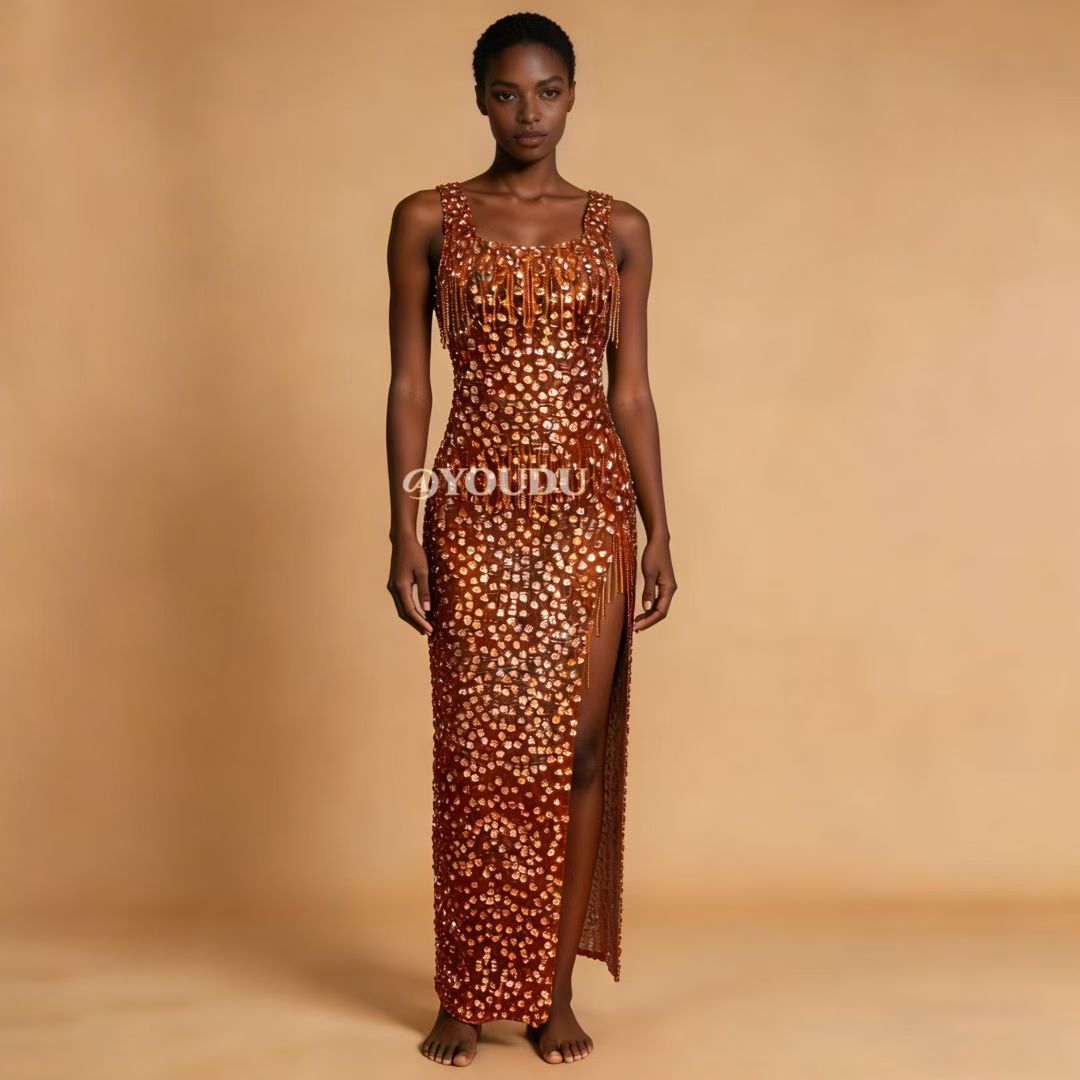 CELESINYI Ganju Crystal Orange Beaded Gown