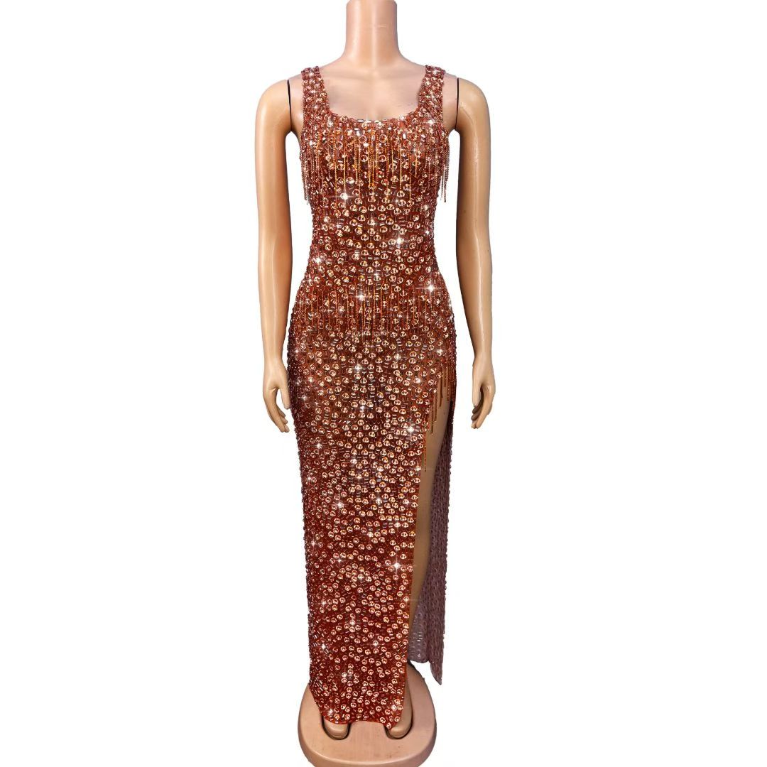 CELESINYI Ganju Crystal Orange Beaded Gown