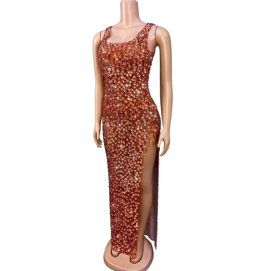 CELESINYI Ganju Crystal Orange Beaded Gown