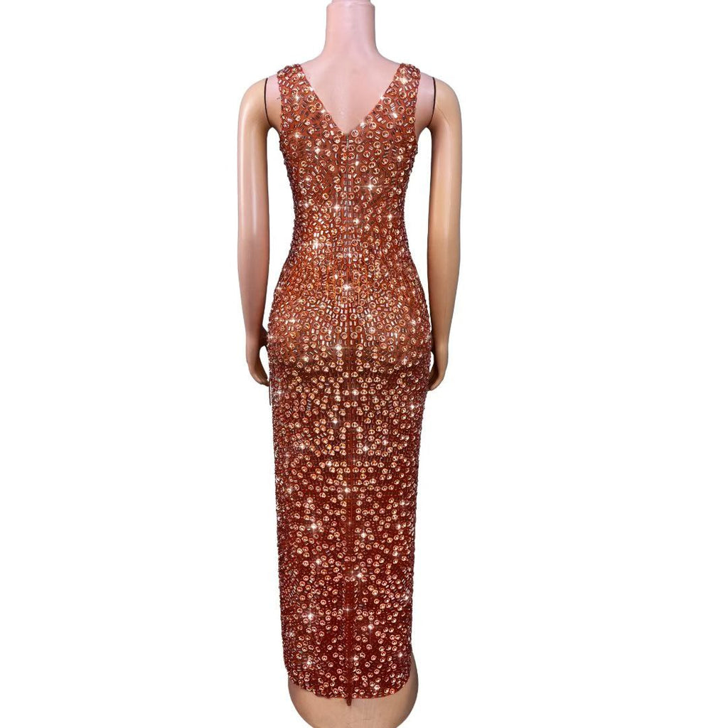 CELESINYI Ganju Crystal Orange Beaded Gown