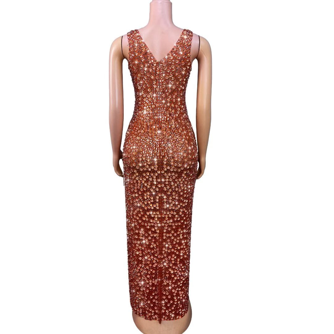 CELESINYI Ganju Crystal Orange Beaded Gown